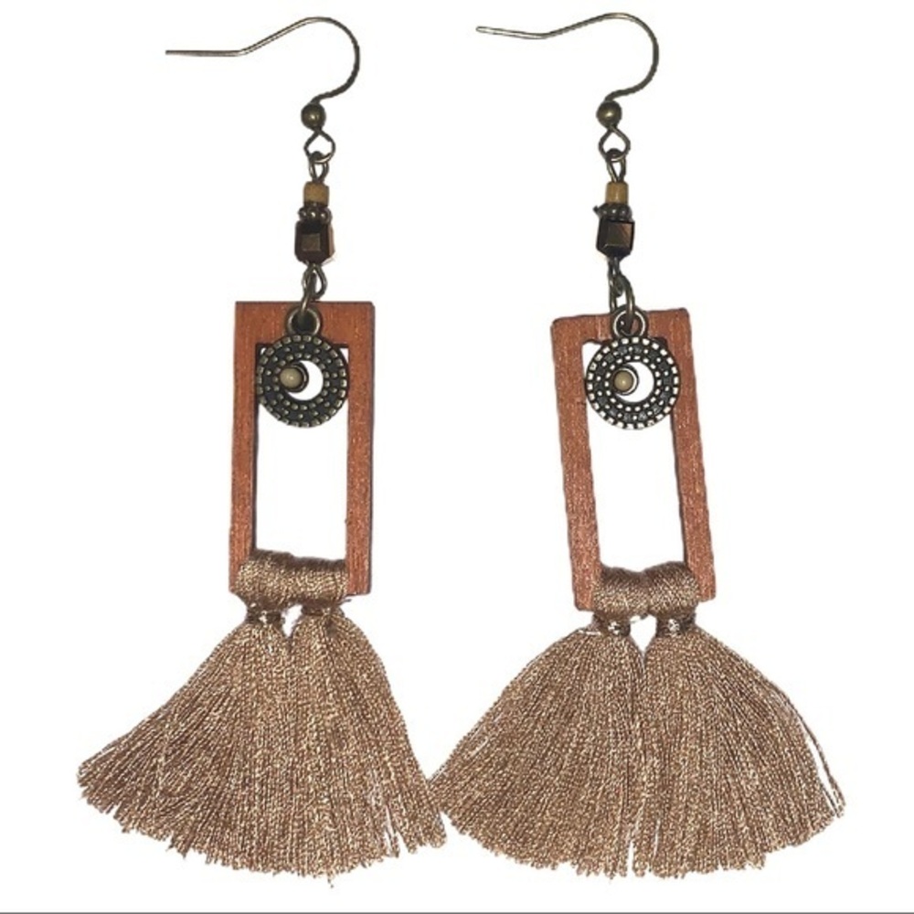Antique brass & wood BOHO dangling tassel earrings